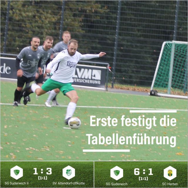 #Meisterschaft #Senioren #Heimspiel #lülfstrasse 

Unsere Erste hat heute durch einen 6:1 (1:1)- Erfolg über Aufsteiger @sportclubherten die Tabellenspitze der Kreisliga A2 verteidigt. 💪

Zunächst allerdings gingen die Gäste nach 25 Minuten mit 0:1 in Führung 🤔 Doch @dustin_agn konnte noch vor der Pause einen berechtigten Foulelfmeter nach Foul an @mika.ho_ zum 1:1  verwandeln. ⚽️

Im zweiten Durchgang erzählte dann @mathiskaemperr nach gut 60 Minuten die 2:1-Führung. Danach ließen unsere Jungs Ball und Gegner gut laufen und Mika erhöhte per Doppelpack 🔥in nur 2 Minuten auf 4:1. Nach 83 Minuten erhöhte @iamboje gar auf 5:1 ehe @noel.g09 mit dem 6:1 den Endstand markierte. 💪

Unsere  Zweite war bei der 1:3 (1:1)-Niederlage gegen den @svaltendorf_1964 nah an einem Punktgewinn 🥺  In einer umkämpften Partie im strömenden Regen ging die Gäste nach gut einer Viertelstunde mit 0:1 in Führung! Doch unsere Jungs erzwungen noch vor der Pause ein Eigentor zum 1:1. 👌

In der zweiten Hälfte hatten beide Teams die Chance auf die Führung, doch erst knapp 10 Minuten vor dem Ende waren es leider die Gäste, die das 2:1 erzielen konnten🤨. Danach hatten unsere Jungs noch zweimal die Chance zum Ausgleich, doch am Ende waren es erneut die Gäste die in der Nachspielzeit den 1:3-Endstand erzielen konnten!

Auch bei unseren A-Junioren gab es heute morgen gemischte Gefühle! Unsere A2 @sg_suderwich_u18 verlor leider das direkte Duell um Platz 4 gegen die JSG ETuS Lippramsdorf mit 0:3 (0:1). 😟

Unsere A1 @sgsuderwich2004er gewann in einer wilden Partie am Ende knapp mit 4:5 (3:1). Dabei liefen unsere Jungs schon in der ersten Minute einem Rückstand hinterher und nach dem schnellen Ausgleich durch Philipp zog Körne auf 3:1 davon! Oumar sorgte in der zweiten Hälfte mit dem 3:2 für neue Hoffnung und Philipp drehte dann die Partie mit einem Doppelpack auf 3:4 🔥 Die Gastgeber konnten zwar erneut ausgleichen doch Philipp sorgte mit seinem vierten Treffer 😳 quasi im Gegenzug für den 4:5-Auswärtssieg 💪

#wirsindsurk #wirhaltenzusammen #teamgeist