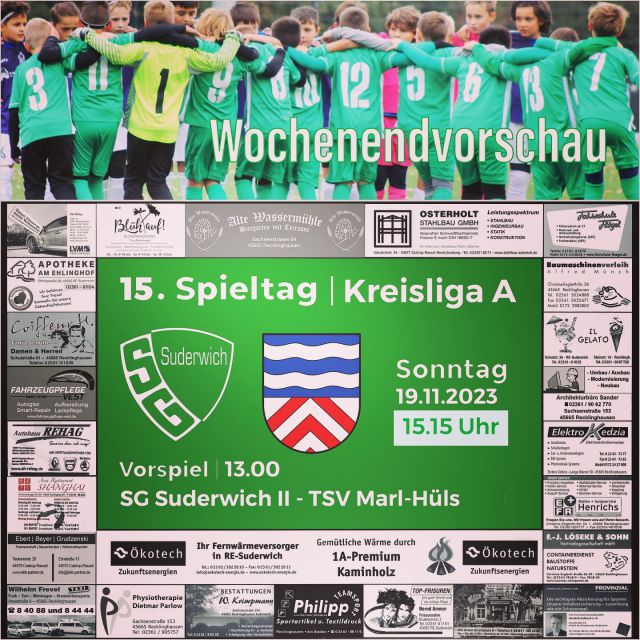 #vorschau #meisterschaft #heimspiele #lülfstrasse #jugend #senioren #spitzenspiel

Am Wochenende ist wieder einiges los an der Lülfstrasse 💚🤍

Bereits heute um 10 Uhr war unsere F1 @sgsuderwichf1 gegen den @fc96recklinghausen auf dem Platz! Unsere F2 war zur gleichen Zeit zu Gast beim @sportclubherten !

Um 13.30 Uhr empfängt unsere D1 die @djksportfreundedatteln . Um 15 Uhr geht’s dann weiter mit der C-Jugend gegen @teutoniasuswaltrop . Den Abschluss macht um 16.30 Uhr unsere A2 @sg_suderwich_u18 gegen den @svbossendorf 

Auswärts ist bereits heute unsere A1 @sgsuderwich2004er um 14 Uhr beim @tusennepetal gefordert!

Morgen geht’s dann ab 13 Uhr weiter mit den Senioren. Zunächst empfängt unsere Zweite den @tsvmarlhuels bevor um 15.15 Uhr unsere Erste die @flaesheimerjungs zum Spitzenspiel der Kreisliga A2 empfängt 💪

Wir wünschen allen Teams viel Erfolg und Spaß am Fußball 💚🤍🍀

#wirsindsurk #wirhaltenzusammen #teamgeist