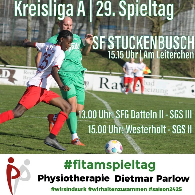 #meisterschaft #fitamspieltag #senioren #auswärts #derby

Unsere drei Seniorenteams sind heute allesamt auswärts aktiv ⚽️💚🤍🍀

Den Anfang macht unsere Dritte um 13 Uhr beim Tabellenfünften @djksportfreundedatteln II. Im Hinspiel hatte Datteln mit 4:1 die Nase vorn.

Um 15 Uhr gastiert dann unsere Zweite beim @svwesterholt1419 . Die Hertener stehen derzeit mit einem Punkt weniger hinter unseren Jungs auf Platz 7. Im Hinspiel gewann unsere Zweite mit 2:0 👌

Um 15.15 Uhr spielt dann unsere Erste im Derby bei den @sf_stuckenbusch . Auch hier gewannen unsere Jungs das Hinspiel mit 3:0. Nach den zwei Remis stehen die SF derzeit einen Punkt direkt vor uns auf Platz 5, haben aber noch zwei Spiele weniger absolviert. 🤷‍♂️

Wir wünschen allen Teams viel Erfolg 🍀 

#wirsindsurk #wirhaltenzusammen #teamgeist