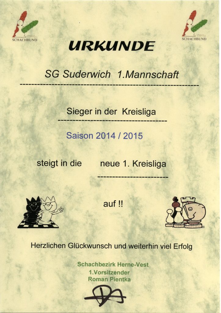 Urkunde Sieger Kreisliga 2014 / 2015
